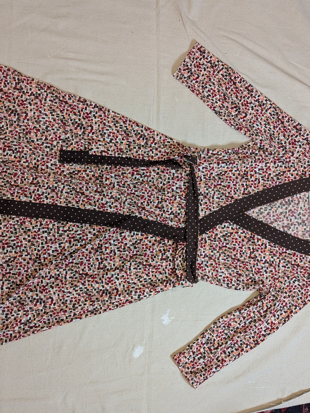 BCBGMaxAzria Multicolor Geometric Wrap Dress with Brown Polka Trim - Picture 5 of 8